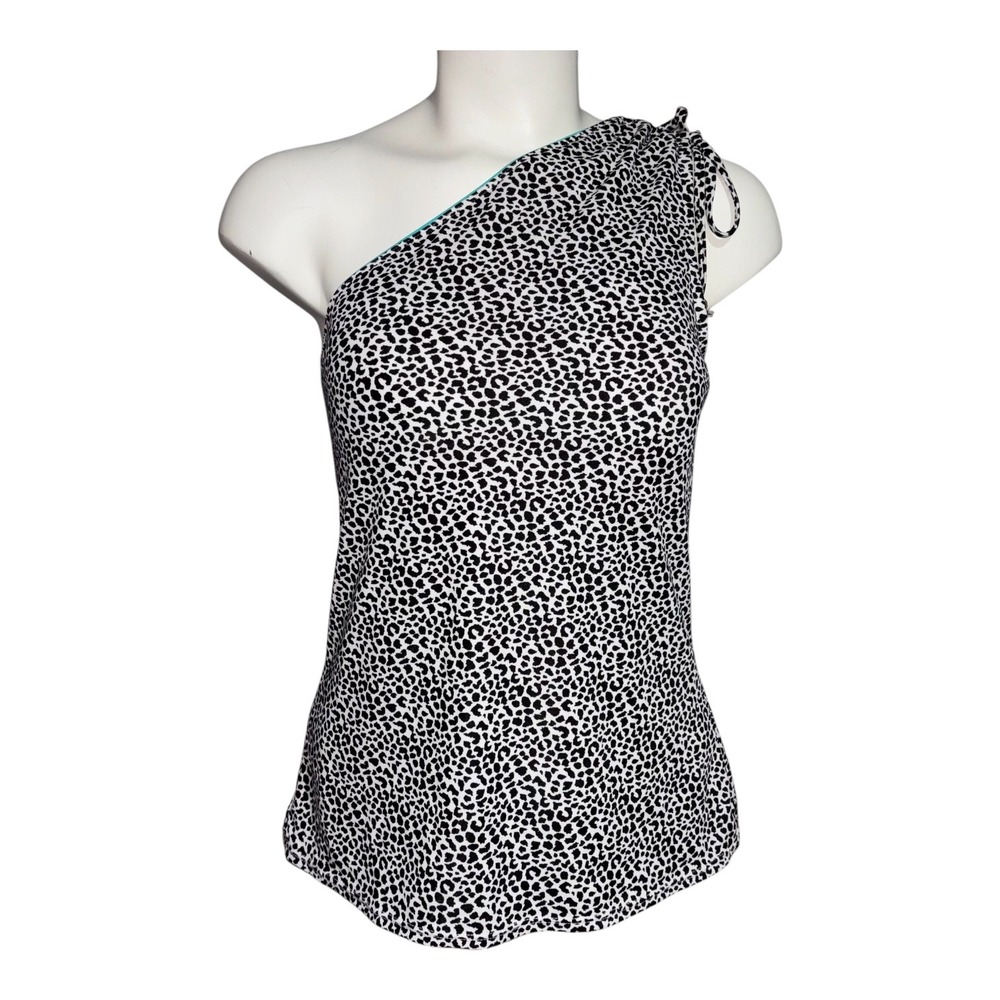 New Directions Swim Womens Medium One Shoulder Tankini Top Teal Trim